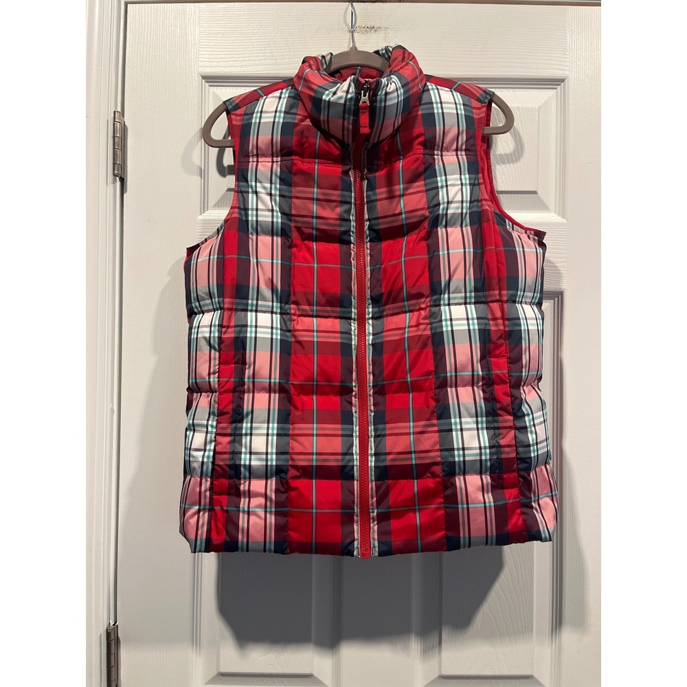 Lands End Girls Red Plaid Puffer Vest Size M 10-12 Full Zip Quilted Sleeveless